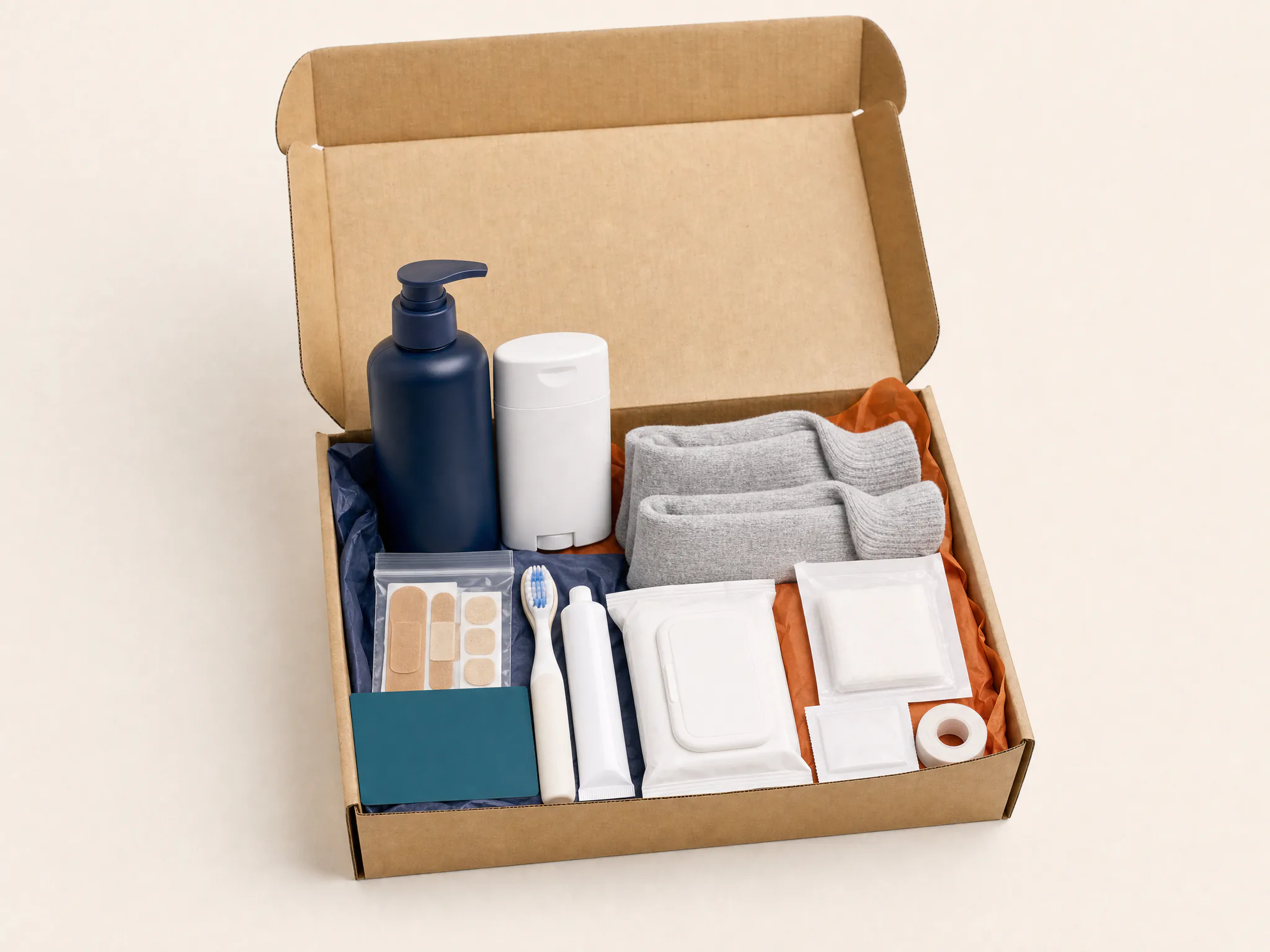 Open accessible care kit with easy-open hygiene products, socks, and first-aid supplies.