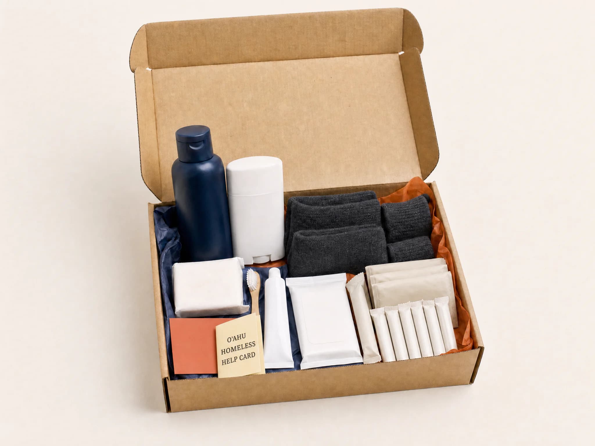 Open Women’s care kit with hygiene supplies, socks, menstrual products, and a resource card.